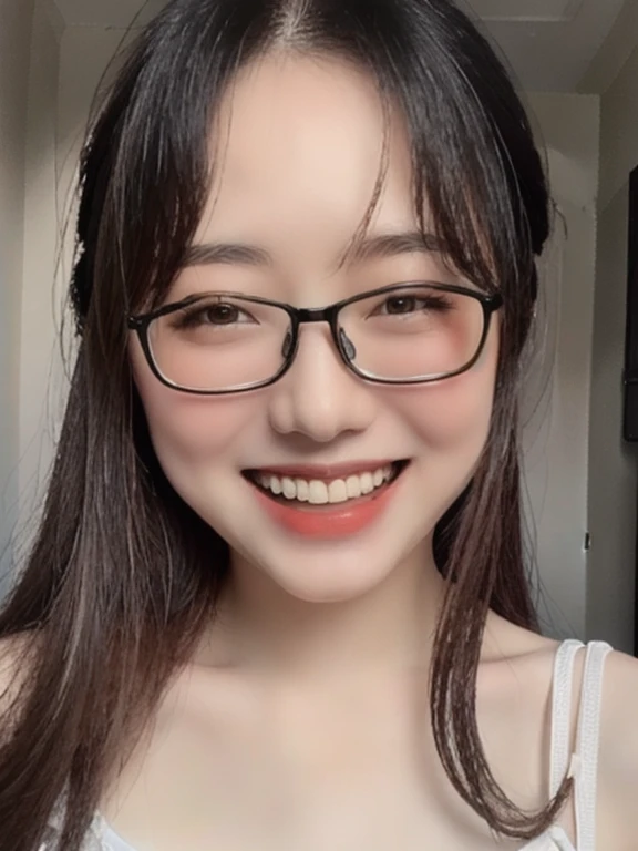 (realistic、masterpiece、Best Quality、8K、highres、high resolution:1.3)、1 glasses girl、Huge breasts、white bikini、smile, pale white skin、looking at viewers、super fine face and eyes、long hair、indoor、 upper body、