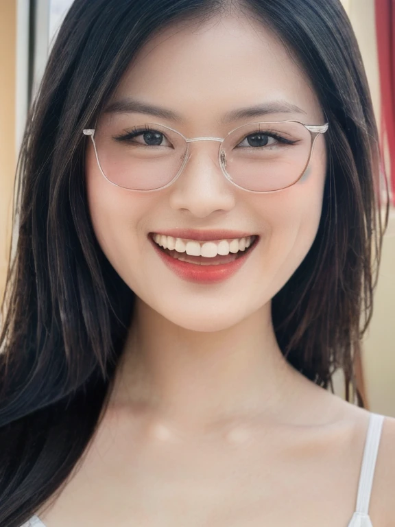 (realistic、masterpiece、Best Quality、8K、highres、high resolution:1.3)、1 glasses girl、Huge breasts、smile, white bikini、smile, pale white skin、looking at viewers、super fine face and eyes、long hair、indoor、 upper body、