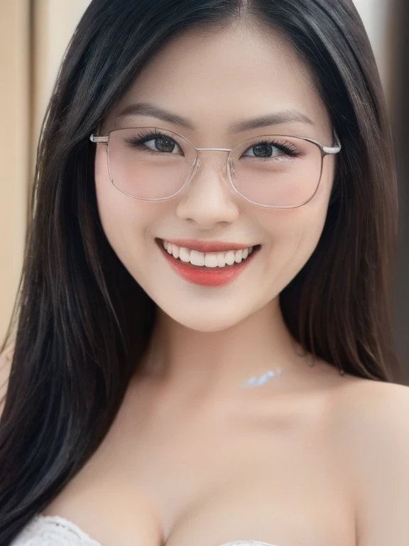 (realistic、masterpiece、Best Quality、8K、highres、high resolution:1.3)、1 glasses girl、smile, Huge breasts、white bikini、pale white skin、looking at viewers、super fine face and eyes、long hair、indoor、 upper body、