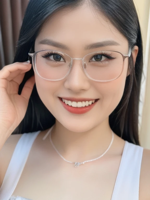(realistic、masterpiece、Best Quality、8K、highres、high resolution:1.3)、1 glasses girl、smile, Huge breasts、white bikini、pale white skin、looking at viewers、super fine face and eyes、long hair、indoor、 upper body、