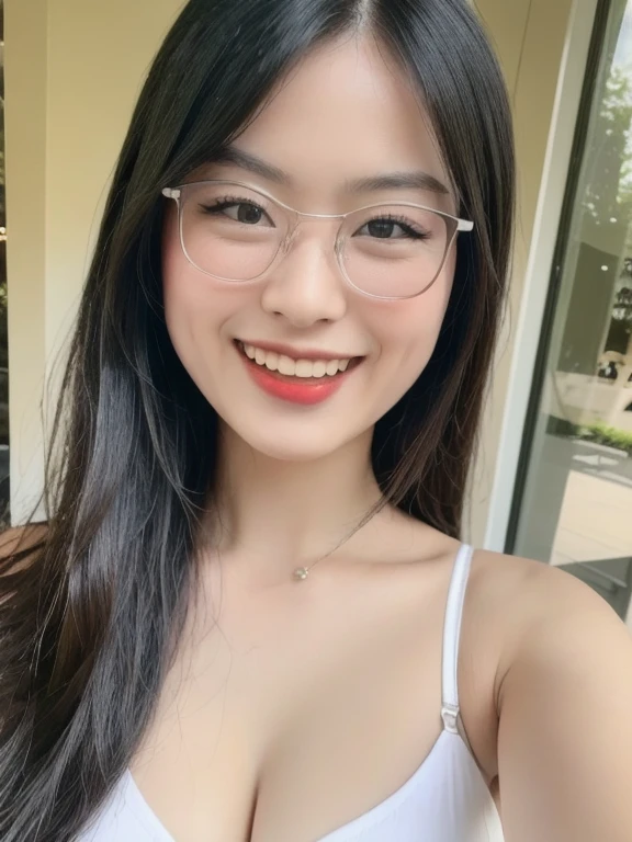 (realistic、masterpiece、Best Quality、8K、highres、high resolution:1.3)、1 glasses girl、Huge breasts、smile, white bikini、smile, pale white skin、looking at viewers、super fine face and eyes、long hair、indoor、 upper body、