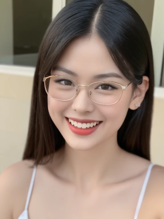 (realistic、masterpiece、Best Quality、8K、highres、high resolution:1.3)、1 glasses girl、Huge breasts、smile, white bikini、smile, pale white skin、looking at viewers、super fine face and eyes、long hair、indoor、 upper body、