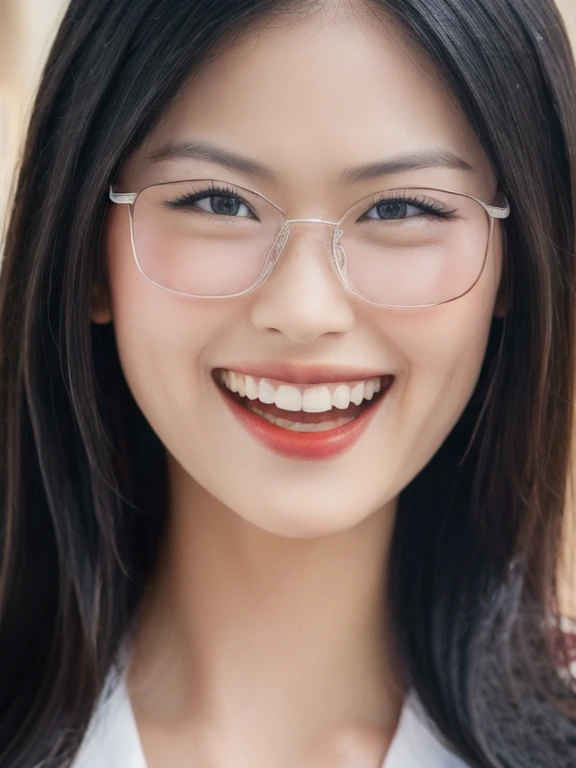 (realistic、masterpiece、Best Quality、8K、highres、high resolution:1.3)、1 glasses girl、Huge breasts、smile, white bikini、smile, pale white skin、looking at viewers、super fine face and eyes、long hair、indoor、 upper body、