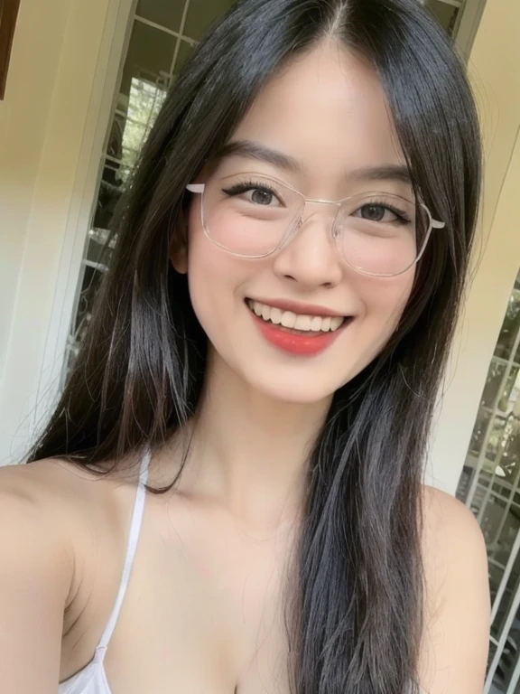 (realistic、masterpiece、Best Quality、8K、highres、high resolution:1.3)、1 glasses girl、Huge breasts、smile, white bikini、smile, pale white skin、looking at viewers、super fine face and eyes、long hair、indoor、 upper body、