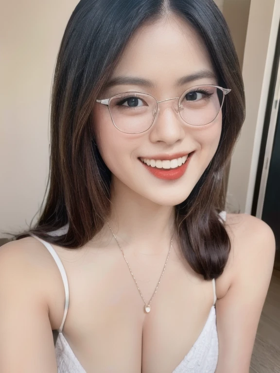(realistic、masterpiece、Best Quality、8K、highres、high resolution:1.3)、1 glasses girl、smile、Huge breasts、white bikini、pale white skin、looking at viewers、super fine face and eyes、long hair、indoor、 upper body、