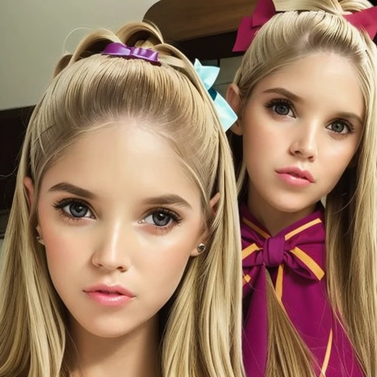 1 girl, solo, (((there should only be one girl in the picture))), (best quality, masterpiece, perfect face, beautiful and aesthetic:, colorful, dynamic angle, highest detailed face) , fashion photography of a latin cute girl with long iridiscent blond hair, Masterpiece, captures all angles, Depicts a woman with an engaging and thoughtful expression. Her almond-shaped eyes, rich with expression, should lock warmly with the viewer, accentuated by neatly arched eyebrows. Her mouth is poised in a gentle smile with soft, symmetrically shaped lips. Her straight nose is elegantly proportioned to her face, complementing her tranquil expression. While her ears are tucked behind strands of straight, blonde hair, a light blue bow adorns her head, introducing a playful element. The portrait should capture her serene demeanor and the subtlety of her features in a realistic and flattering light.