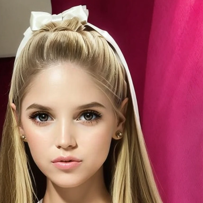 1 girl, solo, (((there should only be one girl in the picture))), (best quality, masterpiece, perfect face, beautiful and aesthetic:, colorful, dynamic angle, highest detailed face) , fashion photography of a latin cute girl with long iridiscent blond hair, Masterpiece, captures all angles, Depicts a woman with an engaging and thoughtful expression. Her almond-shaped eyes, rich with expression, should lock warmly with the viewer, accentuated by neatly arched eyebrows. Her mouth is poised in a gentle smile with soft, symmetrically shaped lips. Her straight nose is elegantly proportioned to her face, complementing her tranquil expression. While her ears are tucked behind strands of straight, blonde hair, a light blue bow adorns her head, introducing a playful element. The portrait should capture her serene demeanor and the subtlety of her features in a realistic and flattering light.
