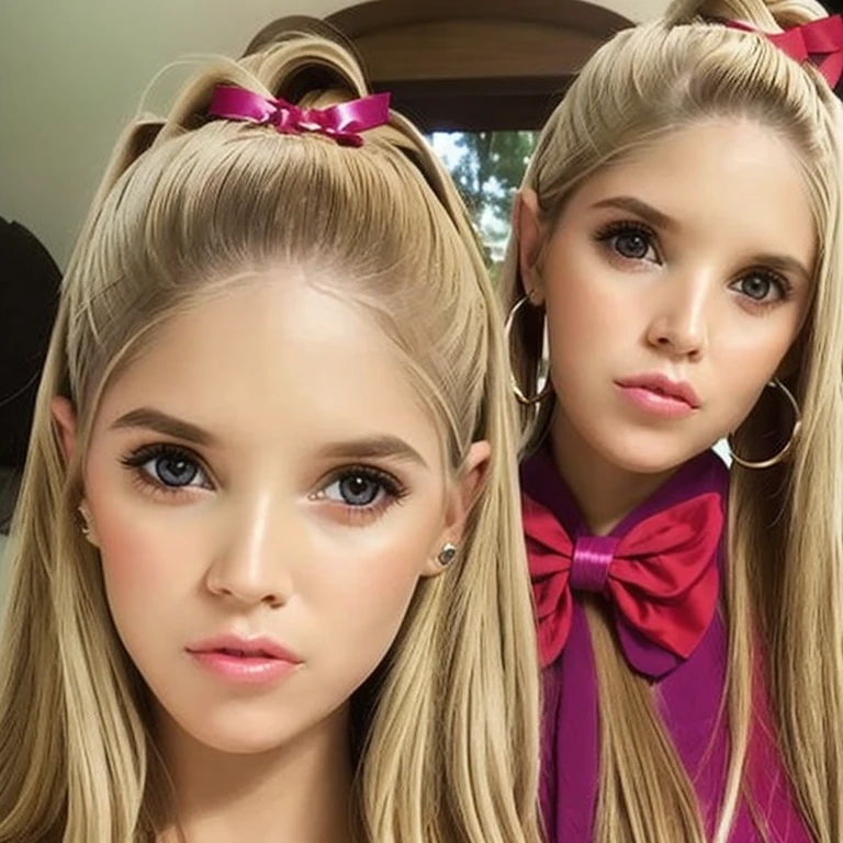 1 girl, solo, (((there should only be one girl in the picture))), (best quality, masterpiece, perfect face, beautiful and aesthetic:, colorful, dynamic angle, highest detailed face) , fashion photography of a latin cute girl with long iridiscent blond hair, Masterpiece, captures all angles, Depicts a woman with an engaging and thoughtful expression. Her almond-shaped eyes, rich with expression, should lock warmly with the viewer, accentuated by neatly arched eyebrows. Her mouth is poised in a gentle smile with soft, symmetrically shaped lips. Her straight nose is elegantly proportioned to her face, complementing her tranquil expression. While her ears are tucked behind strands of straight, blonde hair, a light blue bow adorns her head, introducing a playful element. The portrait should capture her serene demeanor and the subtlety of her features in a realistic and flattering light.