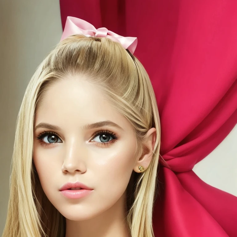 1 girl, solo, (((there should only be one girl in the picture))), (best quality, masterpiece, perfect face, beautiful and aesthetic:, colorful, dynamic angle, highest detailed face) , fashion photography of a latin cute girl with long iridiscent blond hair, Masterpiece, captures all angles, Depicts a woman with an engaging and thoughtful expression. Her almond-shaped eyes, rich with expression, should lock warmly with the viewer, accentuated by neatly arched eyebrows. Her mouth is poised in a gentle smile with soft, symmetrically shaped lips. Her straight nose is elegantly proportioned to her face, complementing her tranquil expression. While her ears are tucked behind strands of straight, blonde hair, a light blue bow adorns her head, introducing a playful element. The portrait should capture her serene demeanor and the subtlety of her features in a realistic and flattering light.
