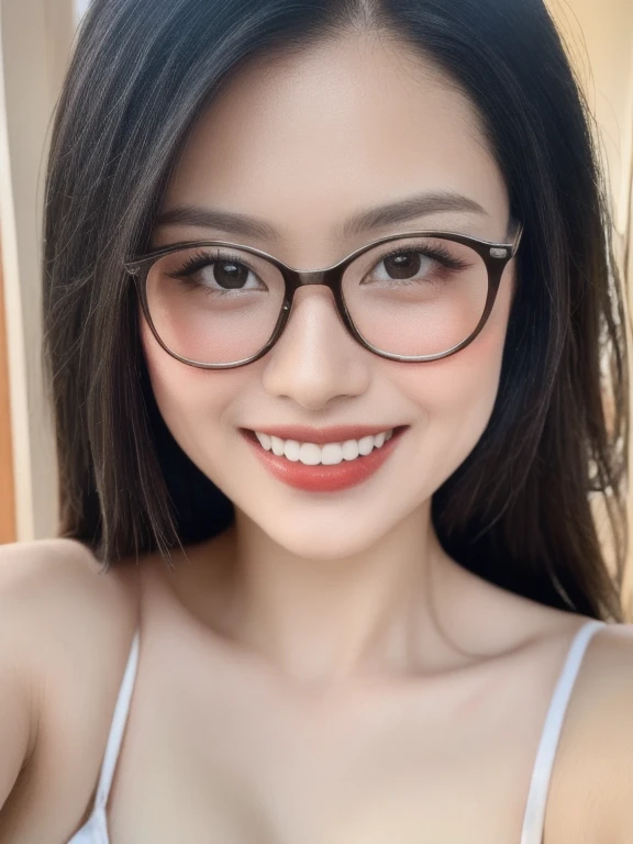 (realistic、masterpiece、Best Quality、8K、highres、high resolution:1.3)、1 glasses girl、smile, Huge breasts、white bikini、pale white skin、looking at viewers、super fine face and eyes、long hair、indoor、 upper body、