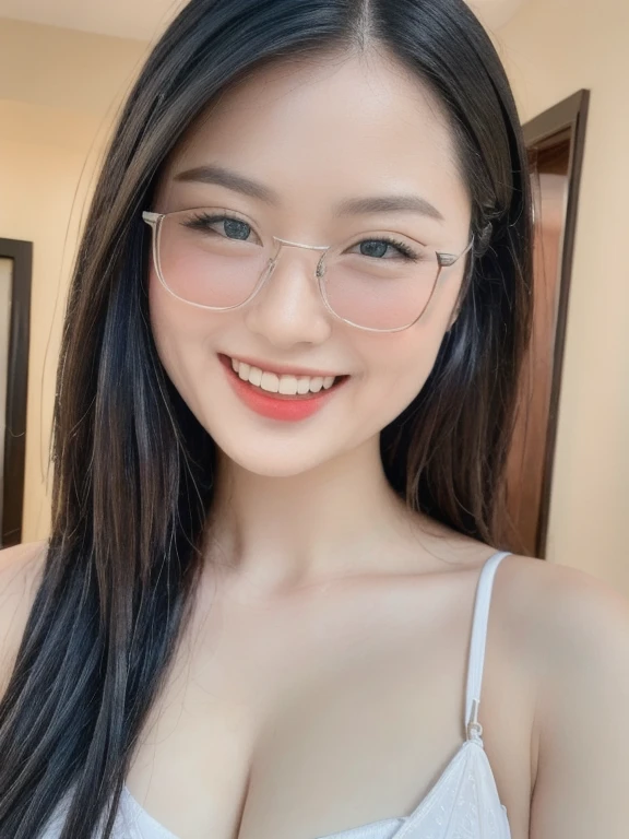(realistic、masterpiece、Best Quality、8K、highres、high resolution:1.3)、1 glasses girl、smile, Huge breasts、white bikini、pale white skin、looking at viewers、super fine face and eyes、long hair、indoor、 upper body、