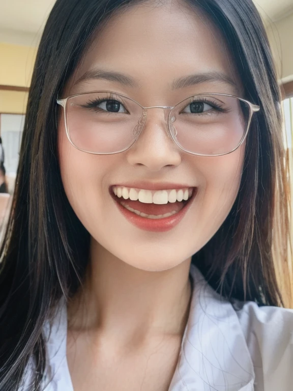 (realistic、masterpiece、Best Quality、8K、highres、high resolution:1.3)、1 glasses girl、Huge breasts、smile、white bikini、pale white skin、looking at viewers、super fine face and eyes、long hair、indoor、 upper body、