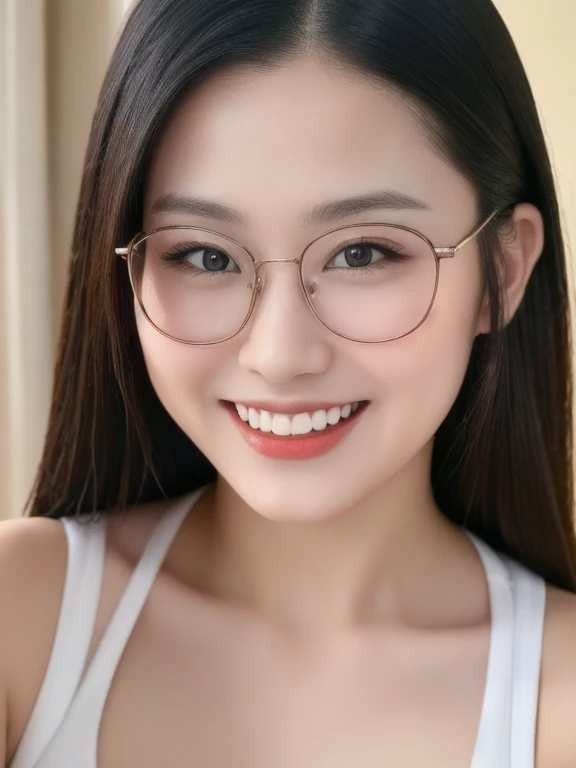 (realistic、masterpiece、Best Quality、8K、highres、high resolution:1.3)、1 glasses girl、Huge breasts、smile、white bikini、pale white skin、looking at viewers、super fine face and eyes、long hair、indoor、 upper body、