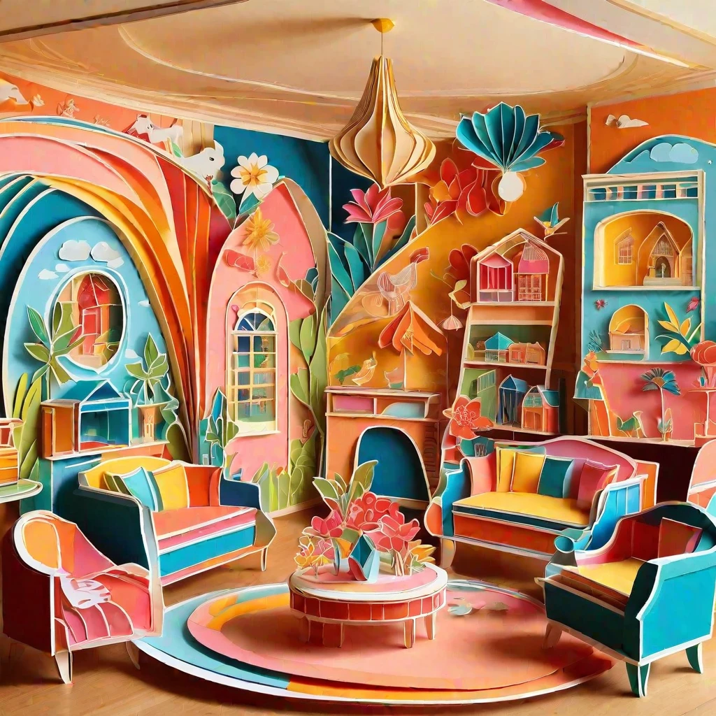 (masterpiece, best quality:1.2), 3d paper cut style, classic, cartoon, cute, living room paper cut art, playful and cute room decoration, paper art furniture, sofas, chairs and tables made of folded and cut paper, bright colors, whimsical patterns, walls decorated with animals, Flowers, landscapes and other paper art cartoons