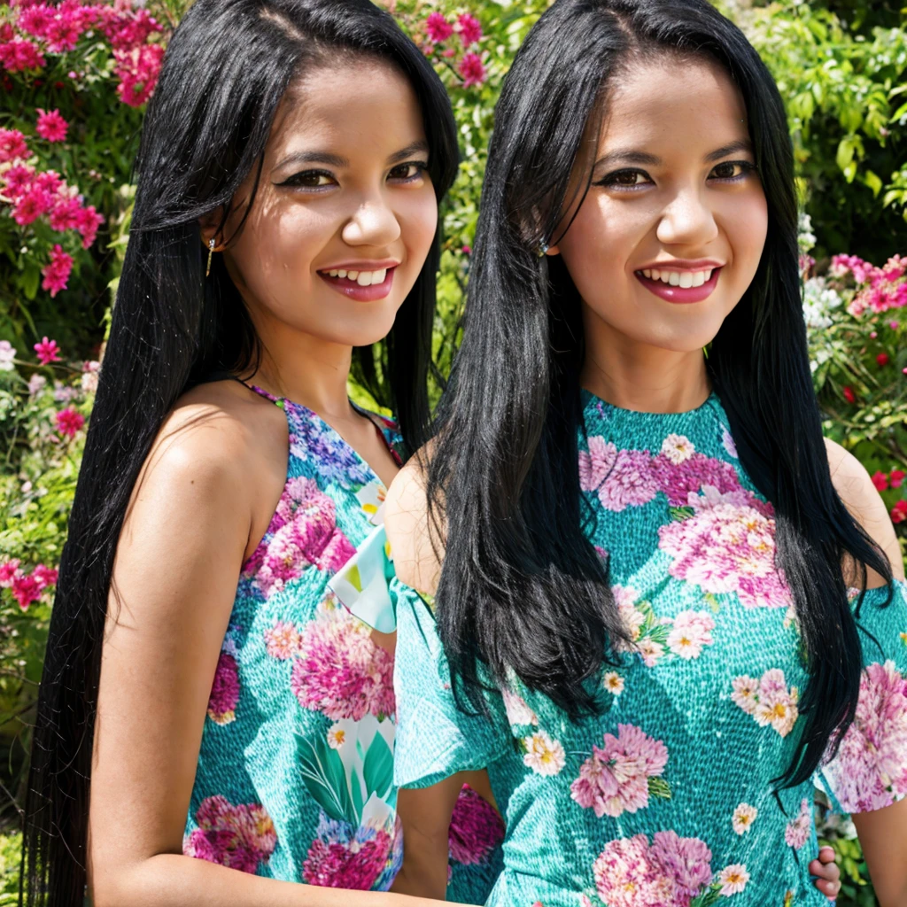 close-up, 25yo woman (long straight black hair, smile), wearing a floral detailed dress, in a beautiful garden, looking at viewer, (masterpiece, best quality, photorealistic, UHD, 4K, 8K, 16K:1.2), solo
