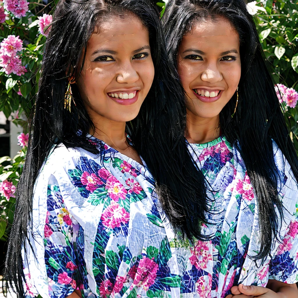 close-up, 25yo woman (long straight black hair, smile), wearing a floral detailed dress, in a beautiful garden, looking at viewer, (masterpiece, best quality, photorealistic, UHD, 4K, 8K, 16K:1.2), solo