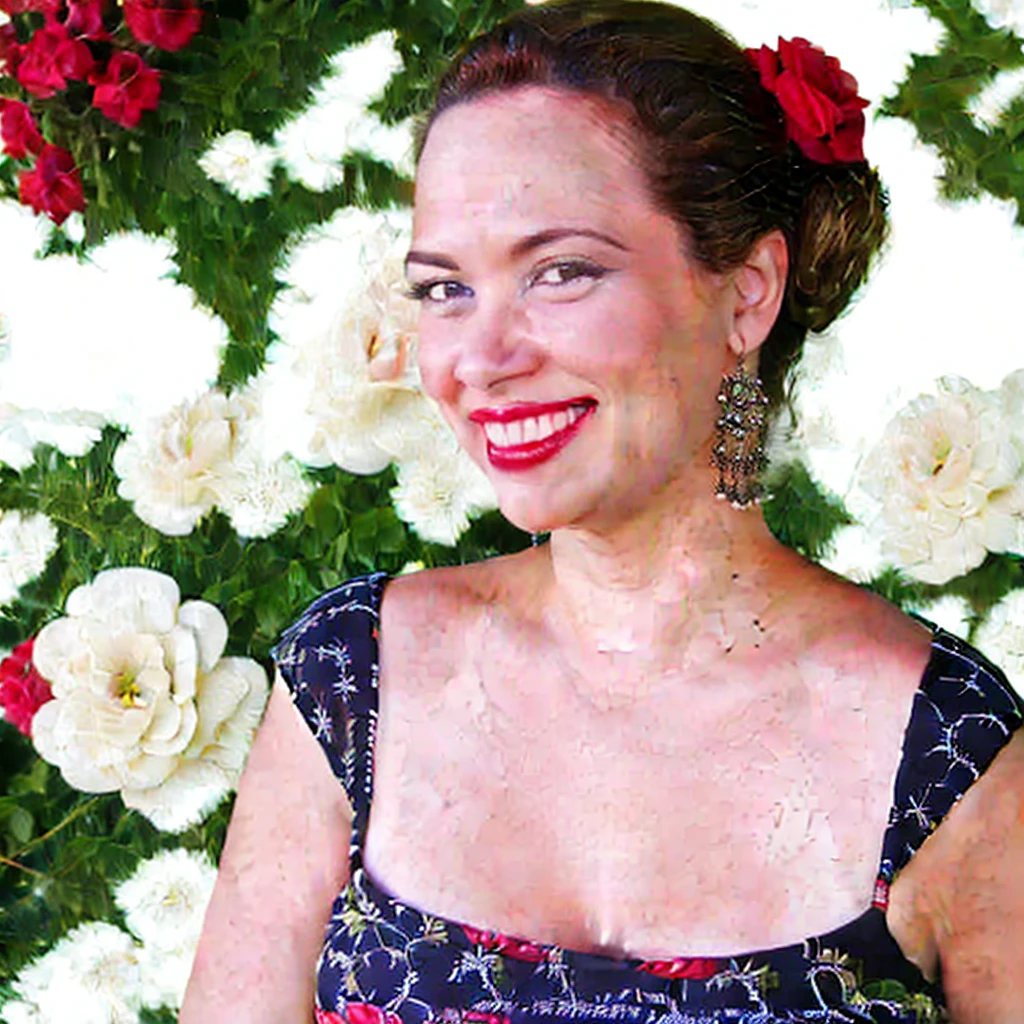 close-up, 45yo woman (top bun hair, smile, red lips), wearing a floral detailed dress, in a beautiful garden, looking at viewer, (masterpiece, best quality, photorealistic, UHD, 4K, 8K, 16K:1.2), solo