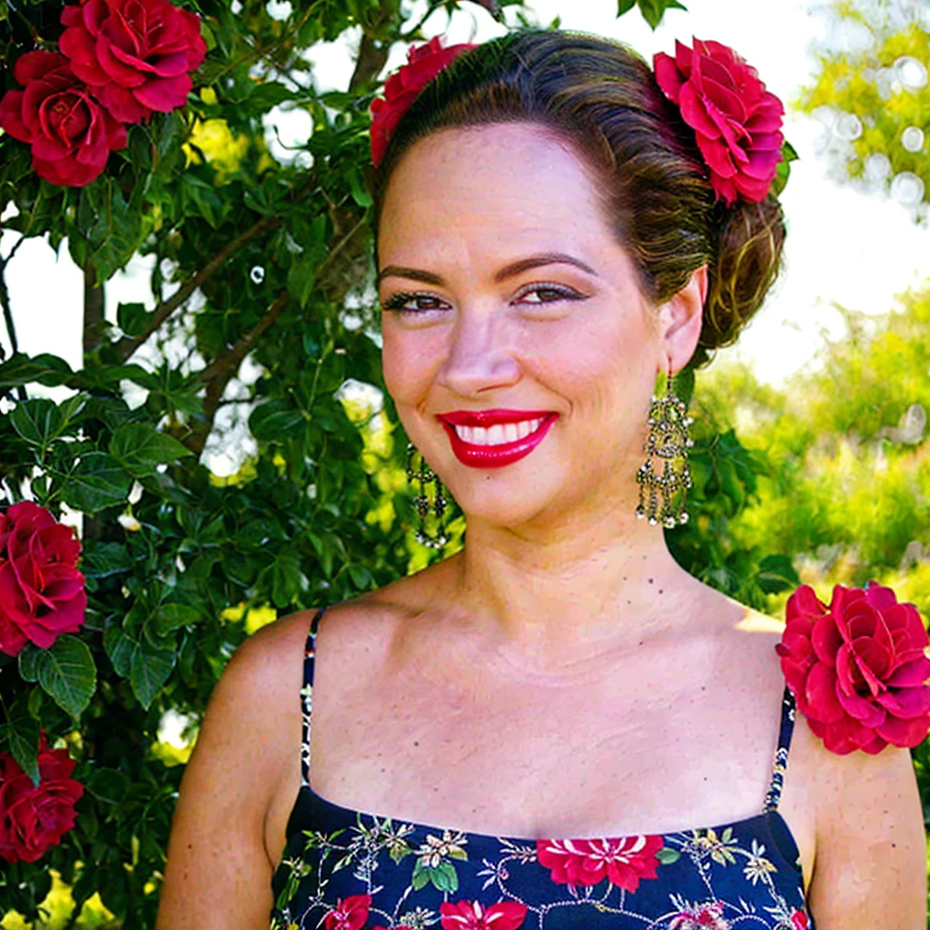 close-up, 45yo woman (top bun hair, smile, red lips), wearing a floral detailed dress, in a beautiful garden, looking at viewer, (masterpiece, best quality, photorealistic, UHD, 4K, 8K, 16K:1.2), solo
