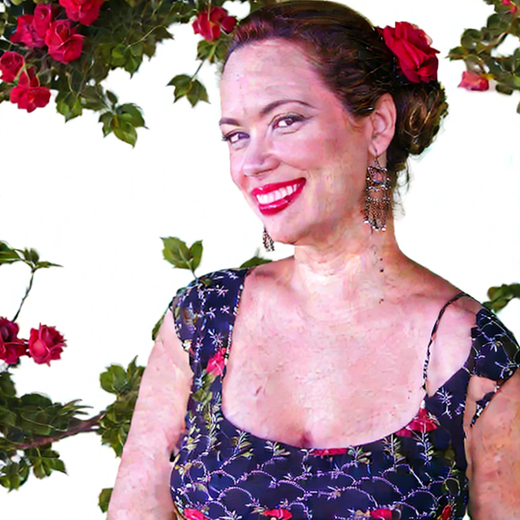 close-up, 45yo woman (top bun hair, smile, red lips), wearing a floral detailed dress, in a beautiful garden, looking at viewer, (masterpiece, best quality, photorealistic, UHD, 4K, 8K, 16K:1.2), solo