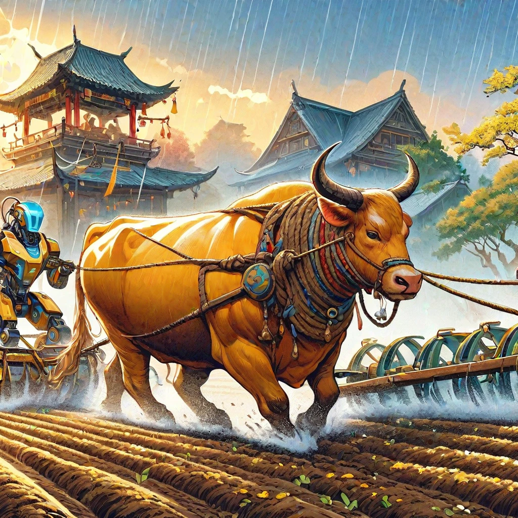 (masterpiece, best quality:1.2), The scene of spring, drizzle, and fragrant soil in the fields.A strong old ox pulled the plow and led the way, followed by a high-tech robot from the future. It held the rope with one hand and supported the plow with the other.The intricate details of the robot, the beauty of the combination of tradition and future.A dynamic collision of past and present.