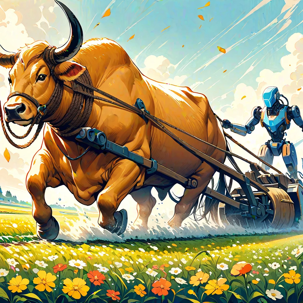 (masterpiece, best quality:1.2), The scene of spring, drizzle, and fragrant soil in the fields.A strong old ox pulled the plow and led the way, followed by a high-tech robot from the future. It held the rope with one hand and supported the plow with the other.The intricate details of the robot, the beauty of the combination of tradition and future.A dynamic collision of past and present.