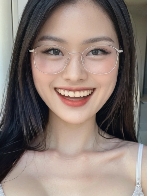 (realistic、masterpiece、Best Quality、8K、highres、high resolution:1.3)、1 glasses girl、Huge 、smile, white bikini、pale white skin、looking at viewers、super fine face and eyes、long hair、indoor、 upper body、