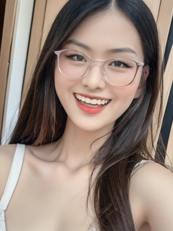 (realistic、masterpiece、Best Quality、8K、highres、high resolution:1.3)、1 glasses girl、Huge breasts、smile、white bikini、pale white skin、looking at viewers、super fine face and eyes、long hair、indoor、 upper body、