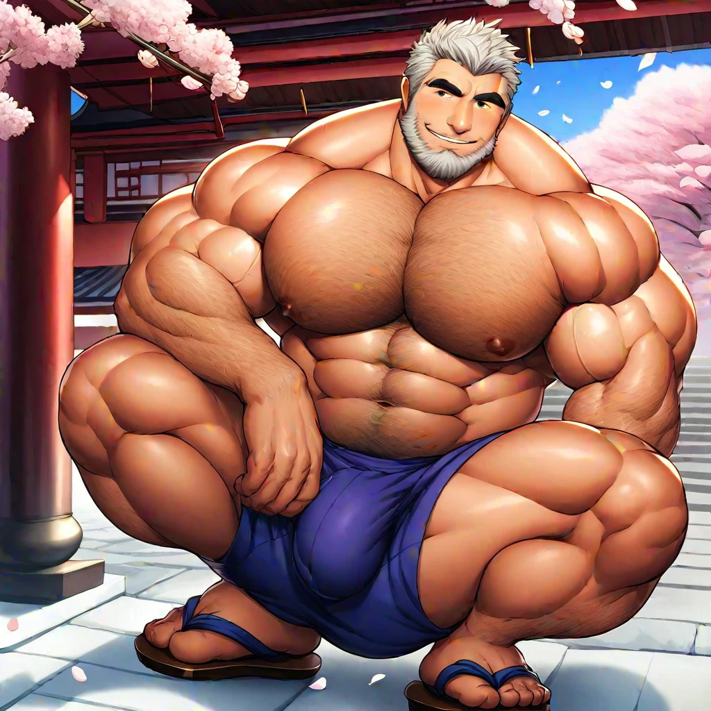 masterpiece,high quality,male focus,bara,muscular male,male focus,solo,1boy,chest hair,beard,muscular,pectorals,mature male,bulge,large pectorals,facial hair,abs,hairy,nipples,squatting,topless male,manly,leg hair,navel hair,navel,looking at viewer,thighs,thick thighs,thick arms,biceps,veins,petals,male underwear,cherry blossoms,architecture,arm hair,short hair,sandals,outdoors,old man,east asian architecture,smile,old,japanese clothes,thick eyebrows,sky,day,
