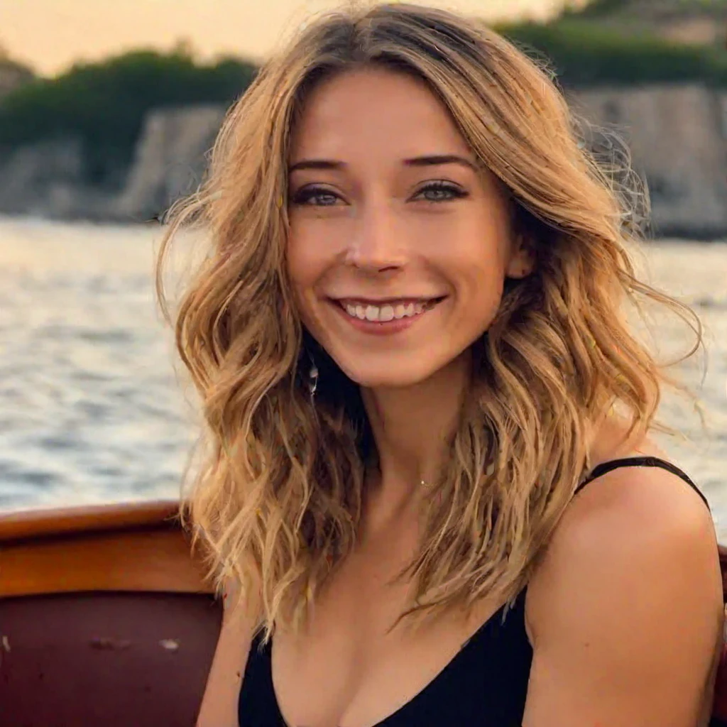 upper body of beautiful italian female, 36 inch breasts size, long hair, smile, wearing black tank top, sitting in the boat, bokeh background, UHD, (meilleure qualité:1.4), Résolution 8k, ultra haute résolution, (photoréaliste, haute résolution:1.4), Photo brute, (réaliste, photo-réaliste:1.37), photographie professionnelle, lumière cinématographique, (Beau visage: 1.2),, cheveux blonds, yeux bleus, side photo, abdos minces, carrure, épaules non largeeilleure qualité:1.4), Résolution 8k, ultra haute résolution, (photoréaliste, haute résolution:1.4), Photo brute, (réaliste, photo-réaliste:1.37), photographie professionnelle, lumière cinématographique, (Beau visage: 1.2),, cheveux blonds, yeux bleus, side photo, abdos minces, carrure, épaules non larges