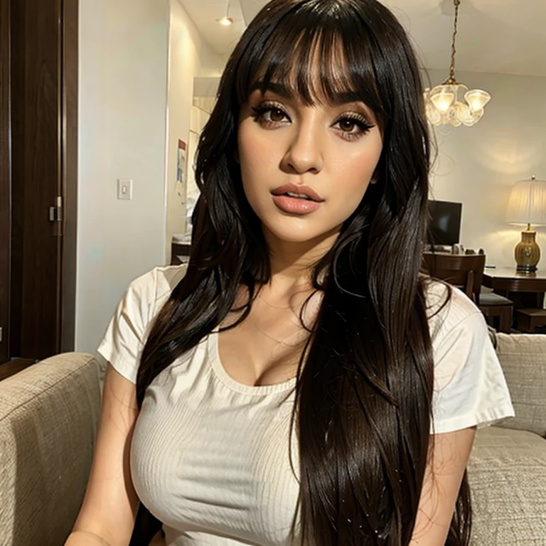 (masterpiece, best quality:1.2), 1girl, solo
beautiful romanian-arabic woman. 25 years old, 170 cm height, 75 kg weight, white tanned skin, long dark hair with bangs, big lips, big eyebrows, beautiful brown eyes, big nose