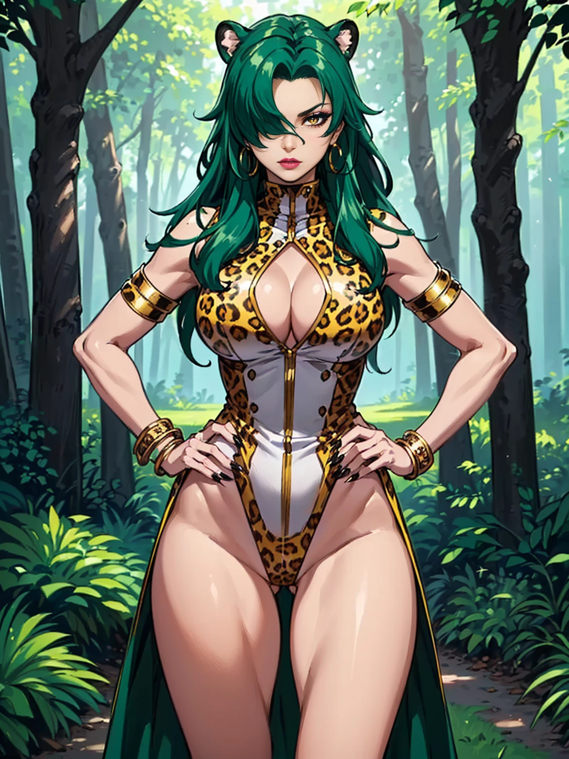 ((1girl, solo ,alone, long hair, green hair, yellow eyes, hair covering one eye, woman, (one hand on her hip) , dynamic pose, muscular female, gold bracelets, ruby earrings)), fitness, ((solo, (1woman, pink lipstick), Extremely detailed, ambient soft lighting, 4k, perfect eyes, a perfect face, perfect lighting, a 1girl)), (anime style image, ((leopard woman, big nails, semi-human, shapely thighs, athletic body, forest goddess)),a goddess of beauty, girl, stunning girl, cheetah in the forest, precise anatomy, perfect proportions, clear and sharp, vibrant colors, professional quality, Exceptional detail, exceptional realism, exquisite precision, Excellent quality, impeccable finish, exceptional clarity, impeccable detail , top-notch quality, Impeccable representation, Excellent craftsmanship, superior execution, precise detail,)