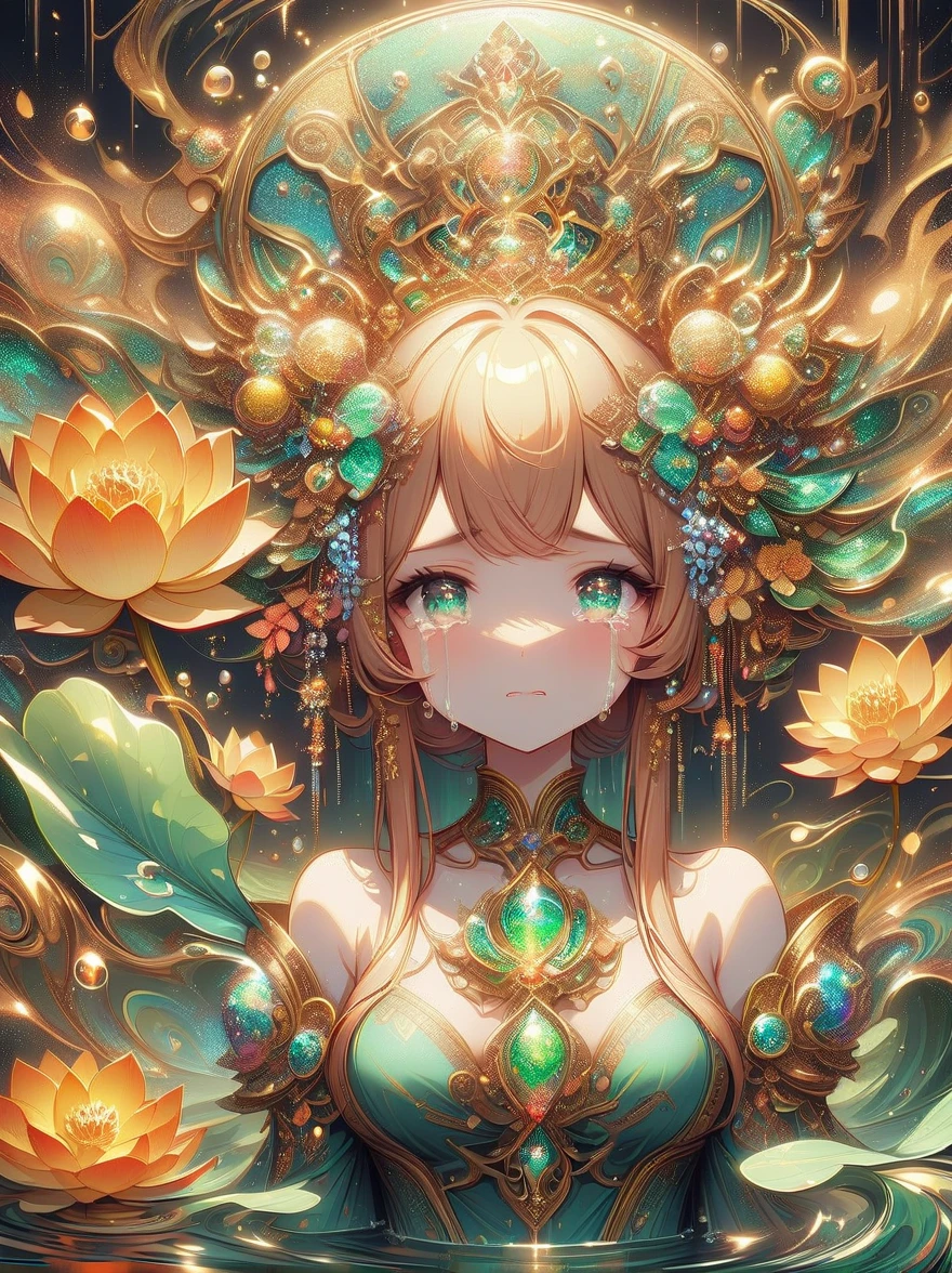 (Statue of Woman Holding Lotus Leaf), (sad crying: 1.8), (tears: 1.8), ((tears full of tears)),(White Statue 1.2), (Green Lotus Leaf: 1.2), by Russell Dongjun Lu, James Jean and Warp, (Porcelain Sculpture), Popism 3D Ultra Detailed, Highly Detailed sculpture, inspired by Fei Danxu, (jade sculpture)