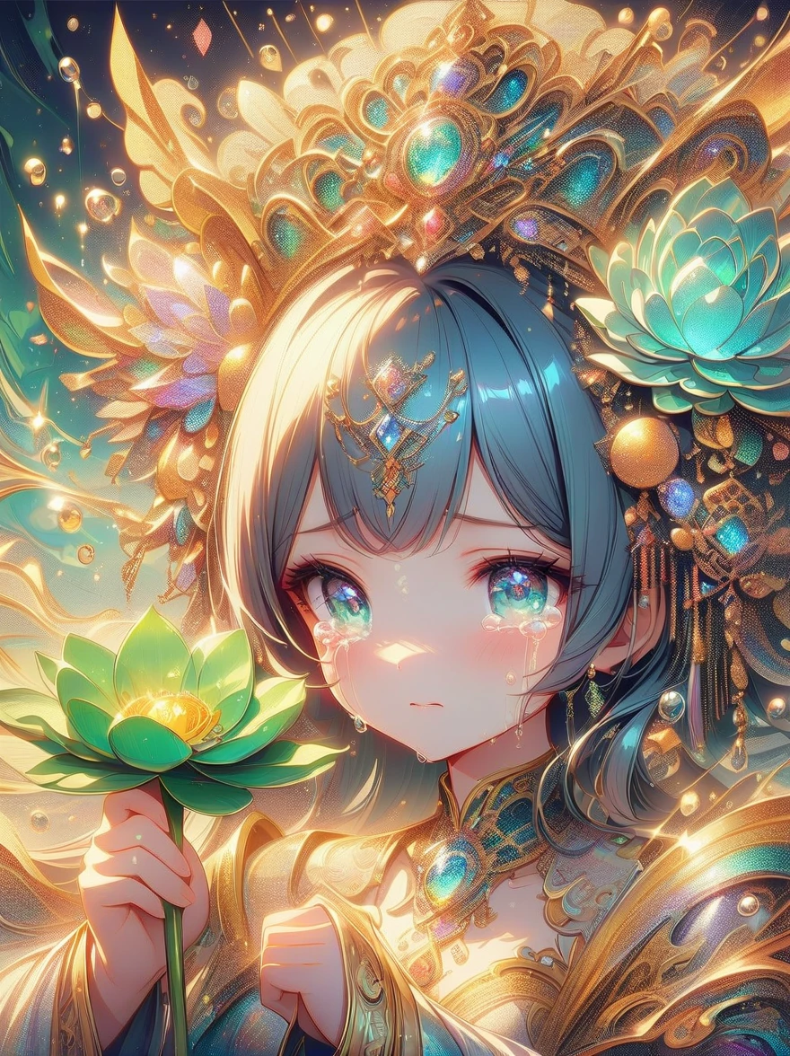 (Statue of Woman Holding Lotus Leaf), (sad crying: 1.8), (tears: 1.8), ((tears full of tears)),(White Statue 1.2), (Green Lotus Leaf: 1.2), by Russell Dongjun Lu, James Jean and Warp, (Porcelain Sculpture), Popism 3D Ultra Detailed, Highly Detailed sculpture, inspired by Fei Danxu, (jade sculpture)
