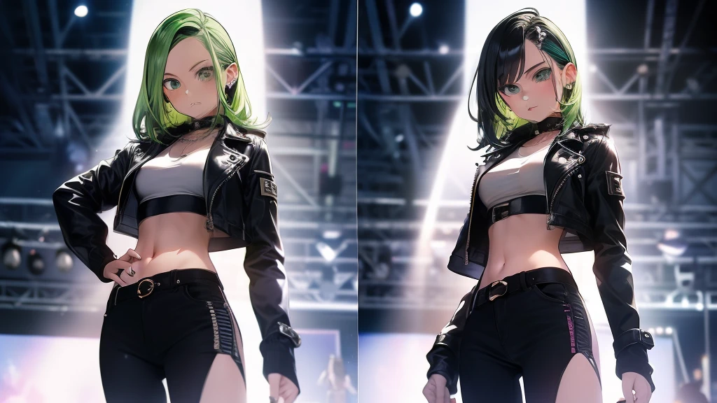 outfit rock punk, cropped tops, cropped jacket, Background stage, Performance stage background, (((Best Quality))) , female, buggy pants, multiple views, variety of hairstyles, midriff, outfit rock punk, dark violet hair, green accent hair color,