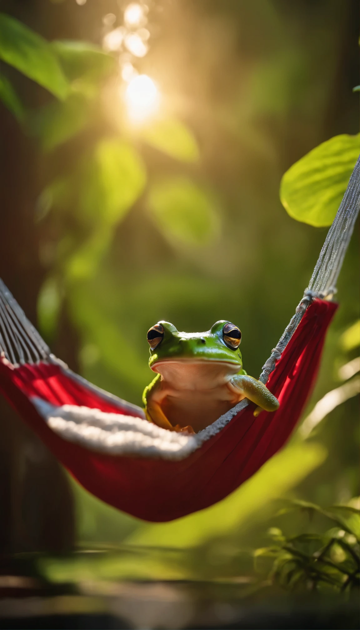 A frog is vacationing in a hammock、frog wearing sunglasses、luxury aquarium、southern island、indirect lighting、