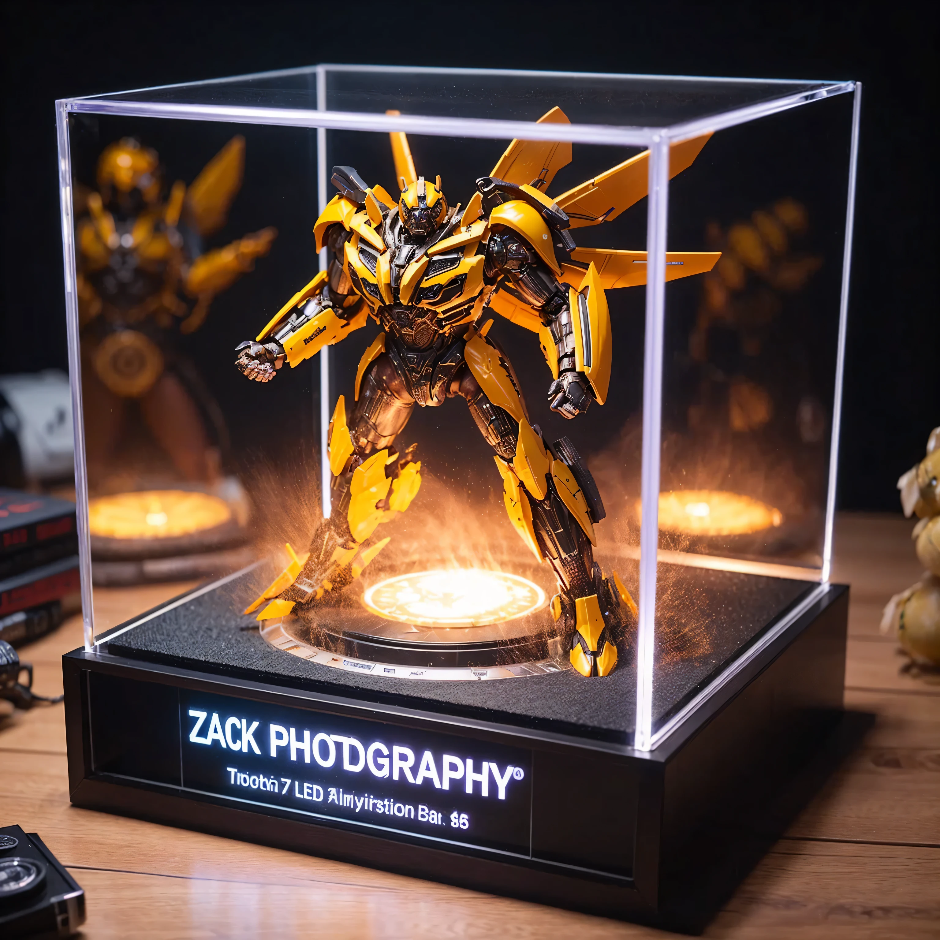 Make a 17" Rotating LED Acrylic Display Case Base for Hot Toys Figure 1/6 Bumblebee and has the name "ZACK PHOTOGRAPHY" Placed on the table