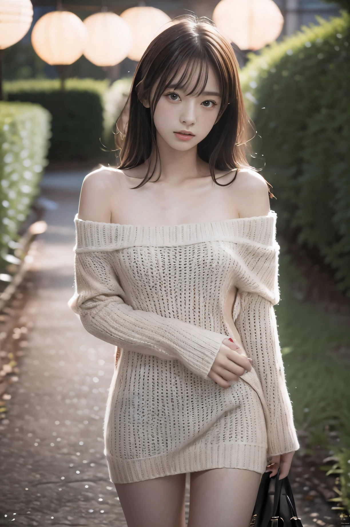 realistic, (highest quality, 8K, 32k, masterpiece, UHD: 1.2), cute japanese model pictures, 1 girl, (19 years old), Charming Off Shoulder Sweater Mini Dress, expensive, Because I&#39;m slender, small bust, thin thighs, cherry blossoms in the background, night cherry blossom, night, Light