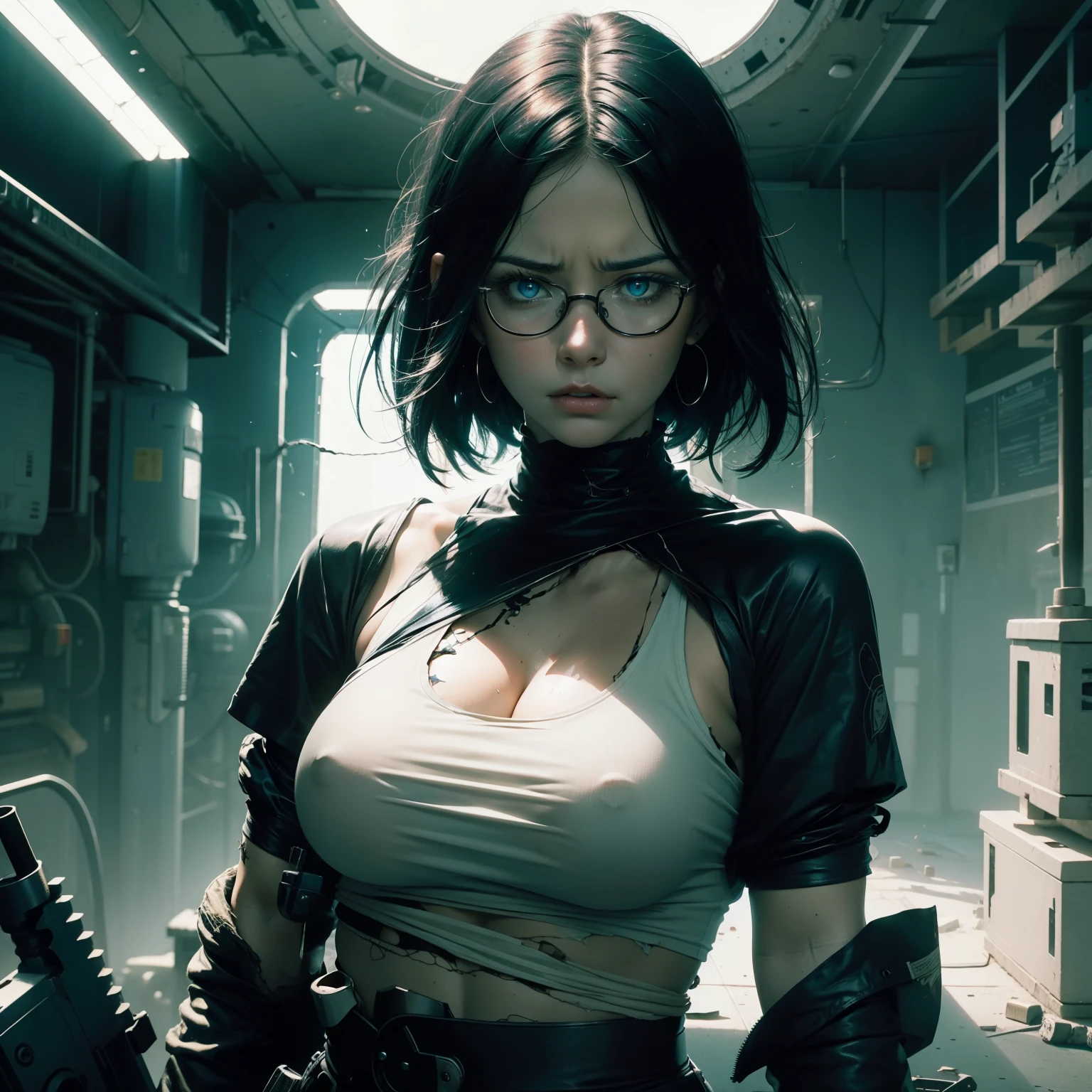 A scared-looking woman with straight beautiful black hair and blue
eyes. She uses glasses. Her clothes were torn, revealing a white oversized tshirt top with. Her physique was well-proportioned, with ample cleavage, and she had white slin. Her features were afraid and sad, adding to her overall air melaconllie. The scene was captured in stunning detail, with High Quality Detail, Cinematic Light, wasteland ,abandoned