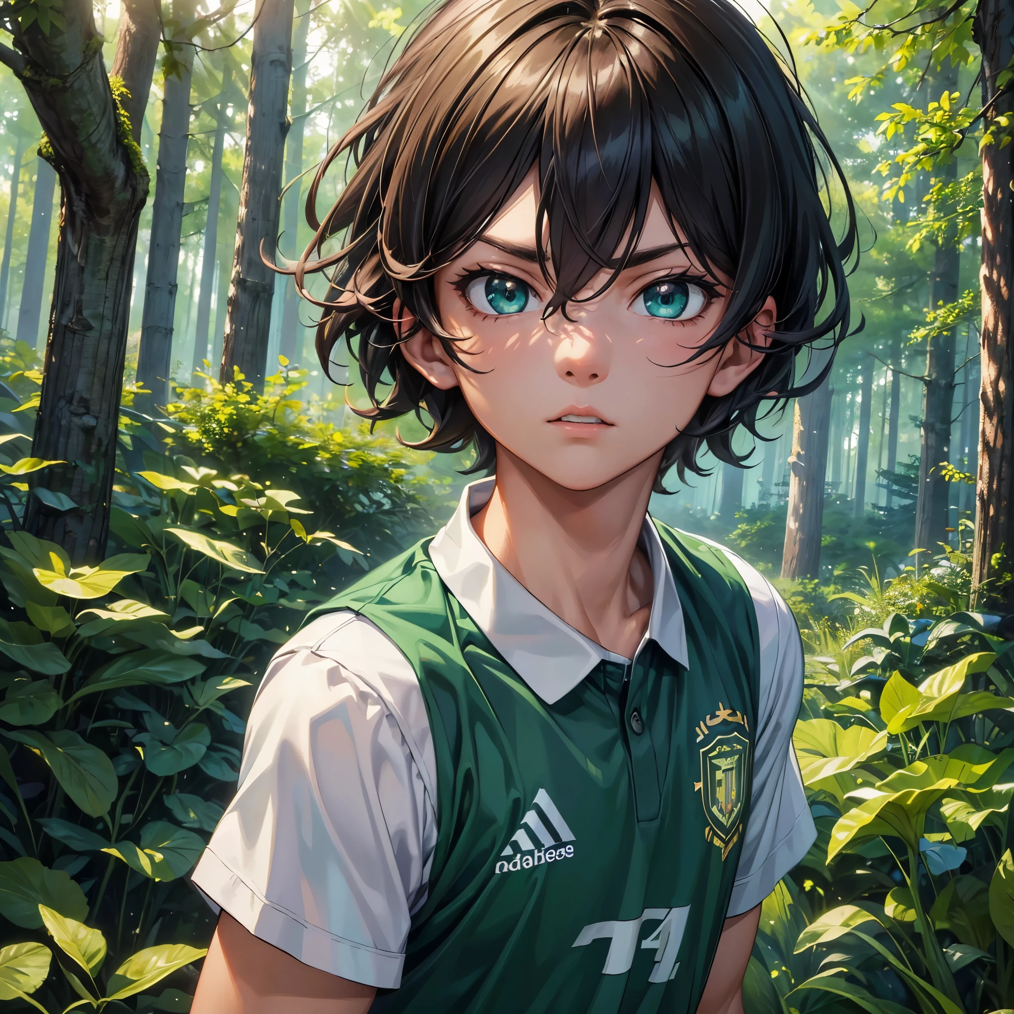 (best quality,4k,8k,highres,masterpiece:1.2), ultra-detailed, 1boy, masculino, soccer uniform, green eyes, inside the forest, furious face, forest