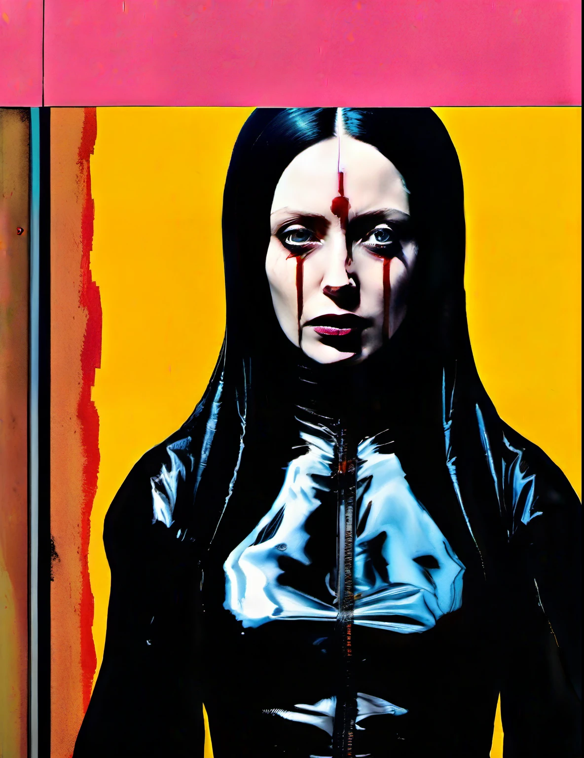 kinky she, wearing latex clothes, gothic horror portrait, Francis Bacon inspired, raw emotional style, distorted figure, existential dread, bold unsettling colors, abstract forms, eerie atmosphere,(detailed face:1.05), hyperrealistic, photorealistic