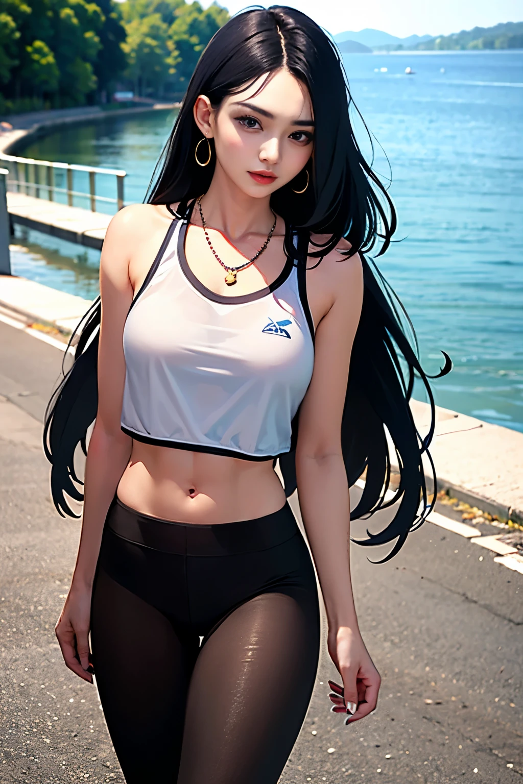 (masterpiece:1.3), (8 thousand, realistic, RAW photos, best quality: 1.4), (1 woman), (whole body), (take a walk by the lake),(model walking pose), (very sexy), (Beautiful makeover), (유난히 beautiful face), (Toned and incredibly beautiful body thanks to exercise), (perfect abs), (beautiful face), (beautiful face), (long eyelashes), (double eyelid), (big bust) , (Beautiful heaps), (realistic face), (black hair. parted, long hair:1.3), 아름다운 parted스타일, realistic eyes, (really beautiful and delicate eyes), (realistic skin), (beautiful skin), (Sportswear), (pantyhose), (absurd), (attractive), (ultra high resolution), (extremely realistic), (very detailed), (golden ratio), (She's really pretty and has long legs), (small size feet), (running shoes), (necklace), (earring),(beautiful nails manicure), (So beautiful and sexy)