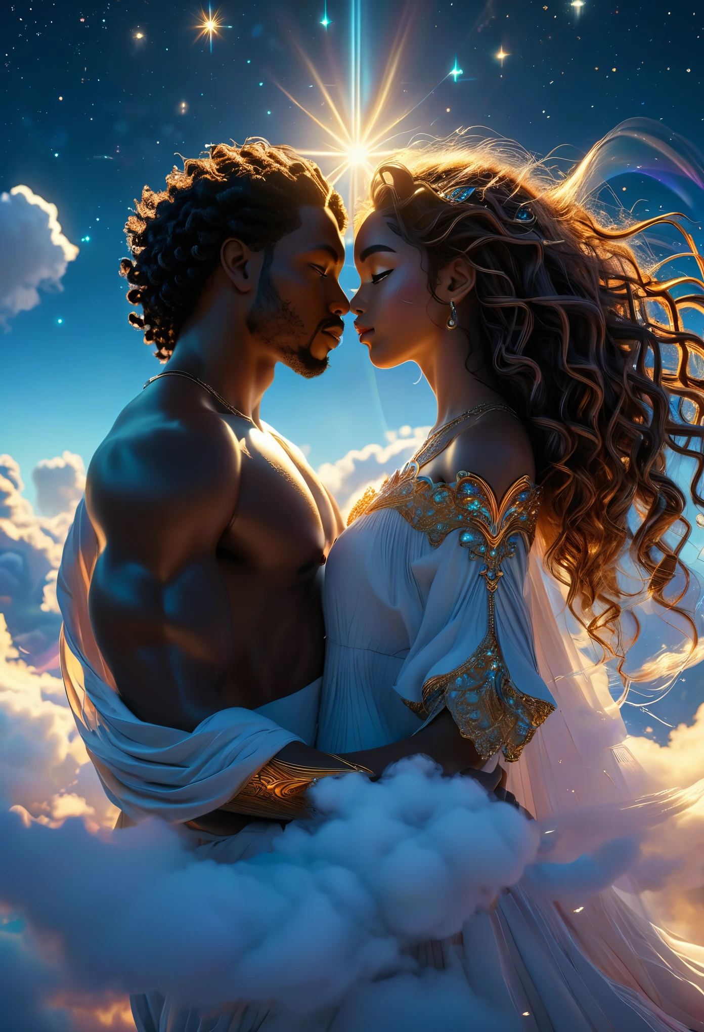 Loving couple in a celestial landscape, young dark-skinned couple in their 20s, on a cloud, a man and a woman, he is a divine prince with long curly brown hair, she is a mixed-race dark hair afro, Full body, 8K, extremely detailed, high quality, (photorealistic:1.37), Full body, ideal proportions and defined complexion, meticulously crafted features, unreachable beauty, perfection, breathtaking elegance, g curves, goddess-like figures, divine symmetry, artistic masterpieces, vivid realism, hyper-detailed sculptures, life-like forms, truly awe-inspiring, impeccable craftsmanship, pure radiance, ethereal beauty, delicate contours, striking poses, sublime beauty, subtle nuances, dynamic compositions, vibrant colors, perfect lighting, soulful expressions, celestial aura, majestic presence, dreamlike atmosphere, unmatched gdetailed octane render trending on artstation, 8 k artistic photography, photorealistic concept art, soft natural volumetric cinematic perfect light, chiaroscuro, award - winning photograph, masterpiece, perfect composition, beautiful detailed intricate insanely
