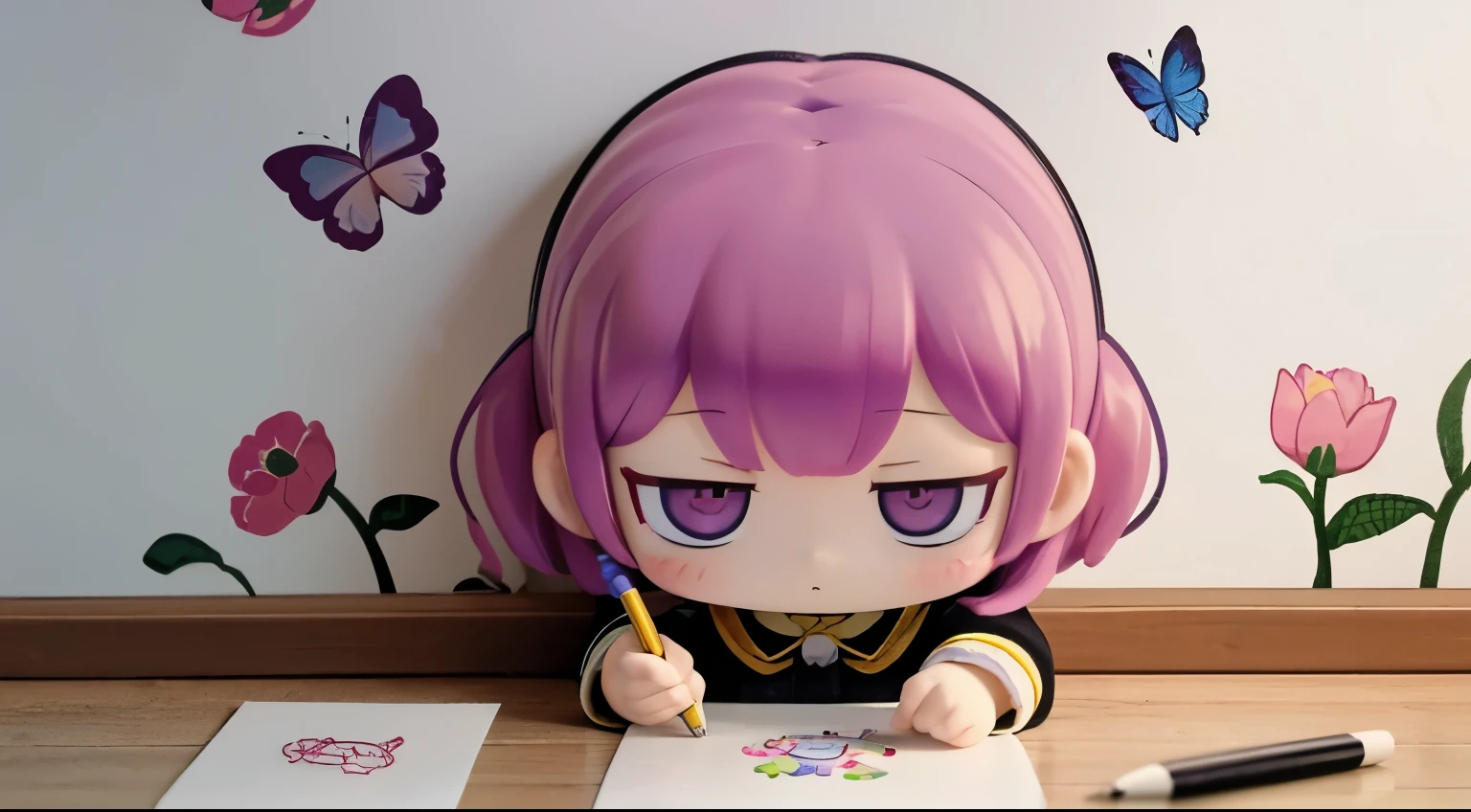 The following scenes will be expressed using chibi girl dolls.（Photoreal、A girl is drawing pictures of tulip flowers and butterflies on the wall with crayons.、The picture is a &#39;s doodle, but it&#39;s very colorful.）