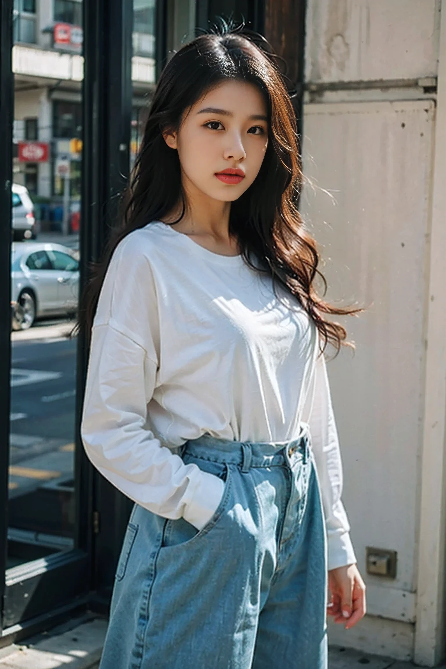 Realistic photography, Beautiful woman in blue casual dress
