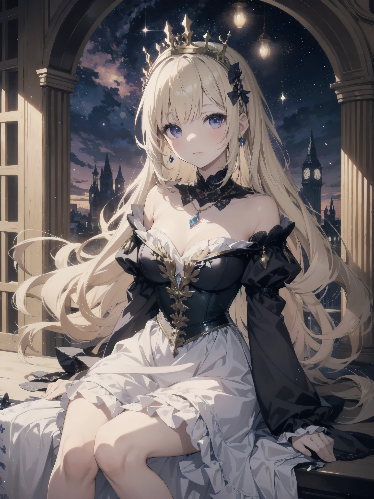 a blond、red eyes、Beautiful girl alone、Fluff dresses、off shoulders、Western-style castle、roses