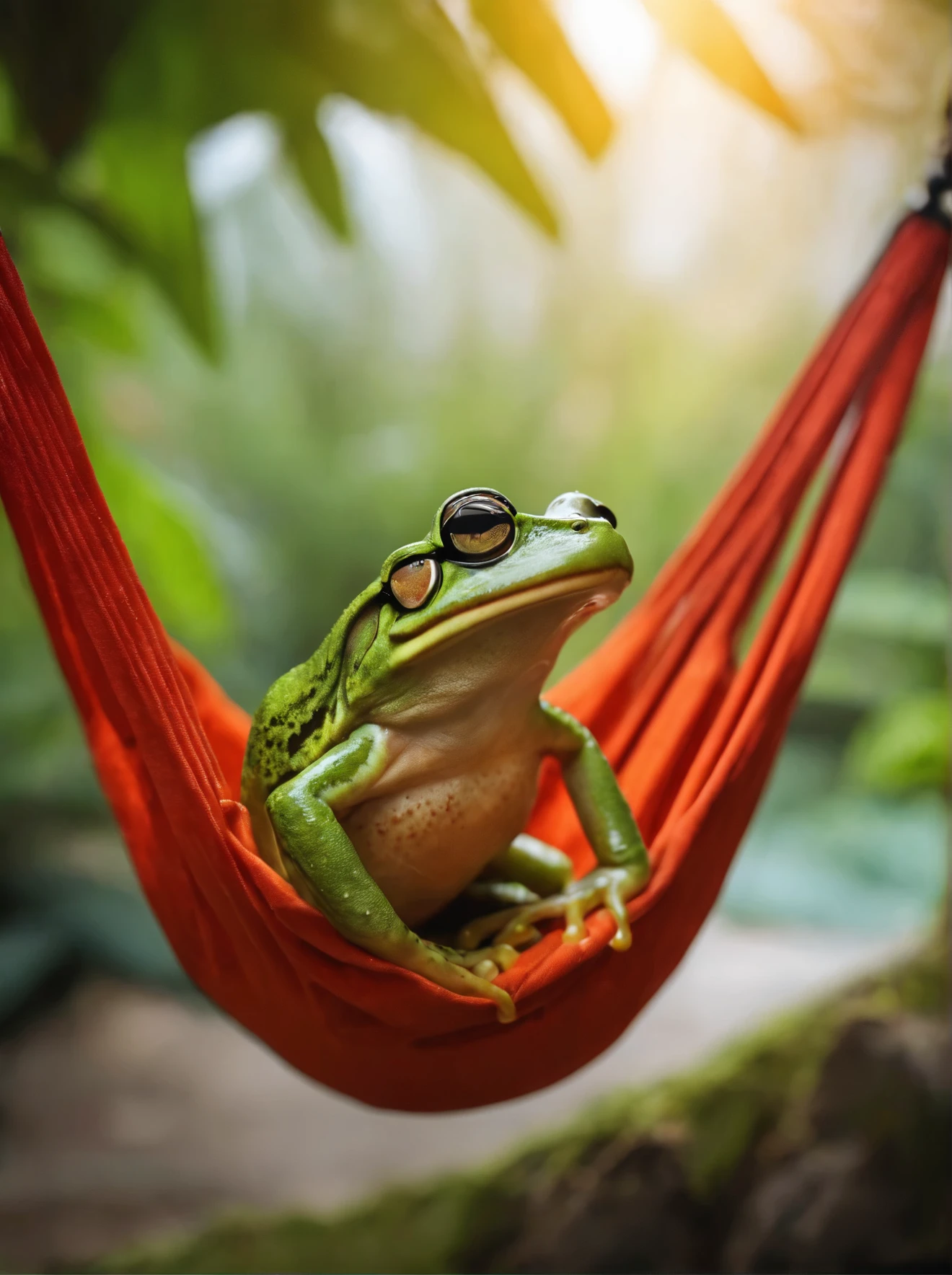 A frog is vacationing in a hammock、frog wearing sunglasses、luxury aquarium、southern island、indirect lighting、