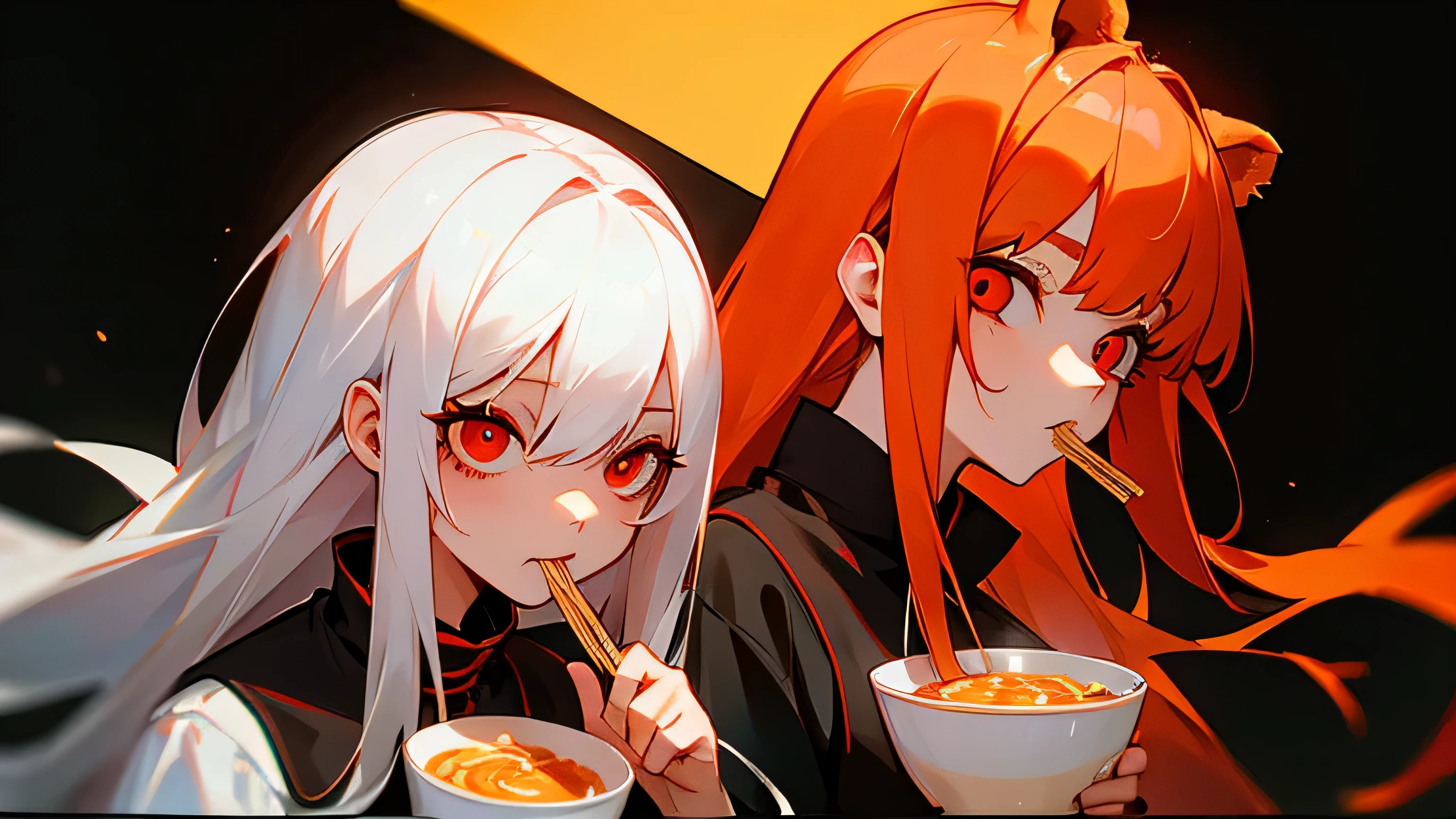 white hair girl with red eyes and orange hair girl with bear eyes. Both are eating noodles