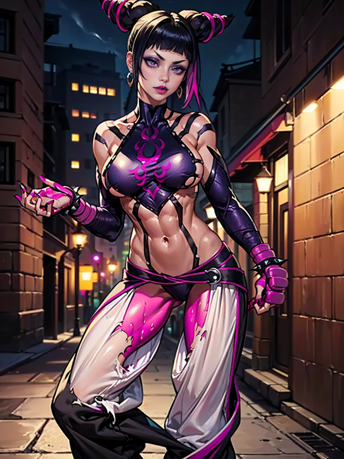 ((1girl, solo ,alone, Juri Han, pretty Juri Han from Street Fighter, big ass, purple eyes, twojuri, purple eyes, long sleeves, thrjuri, multicolored hair, purple eyes, foujuri, baggy pants, panties, black pants, muscular female, gold bracelets, ruby earrings)), athletic body, toned body, fitness, ((solo, (1woman, pink lipstick), Extremely detailed, ambient soft lighting, 4k, perfect eyes, a perfect face, perfect lighting, a 1girl)), (anime style image, full-body art, 1girl,a beautiful fashion model ,(masterpiece, detailed background, best quality), juicy lips, red lips, lingerie, stripping, elegant makeup, exhibitionism, torn spiderman outfit, extravagant makeup, oil, oily body)