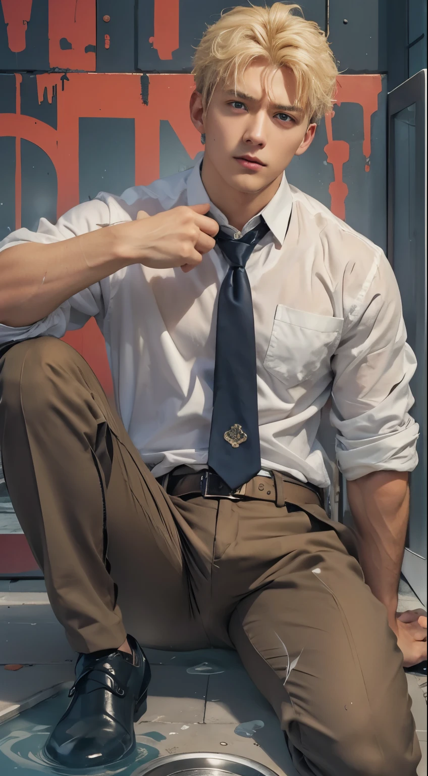 Transparent see through white shirt,（1 Adult male），A high resolution， Sharp focus， Pixiv masterpiece， （（Complicated details））， highly  detailed， natsuki_subaru，Multi-view upper body，Suit pants view， 1 man，is shy，Pee on the legs，pissing，Urine runs down the thighs，embarressed，exhilarated，is shocked，panicking，worry，A small puddle of their own urine forms around the feet，full bodyesbian，kneels on the ground，Very eager to pee，It's uncomfortable，Wet yourself，Urine discharge， Sweaty crotch，Drenched，rain，The shirt is soaked，（A gesture of pleading），blue color eyes（eyes glowing）， Short gray hair，white  shirt，Wear a tie，Wear a belt，Black suit trousers，perspire，look from down