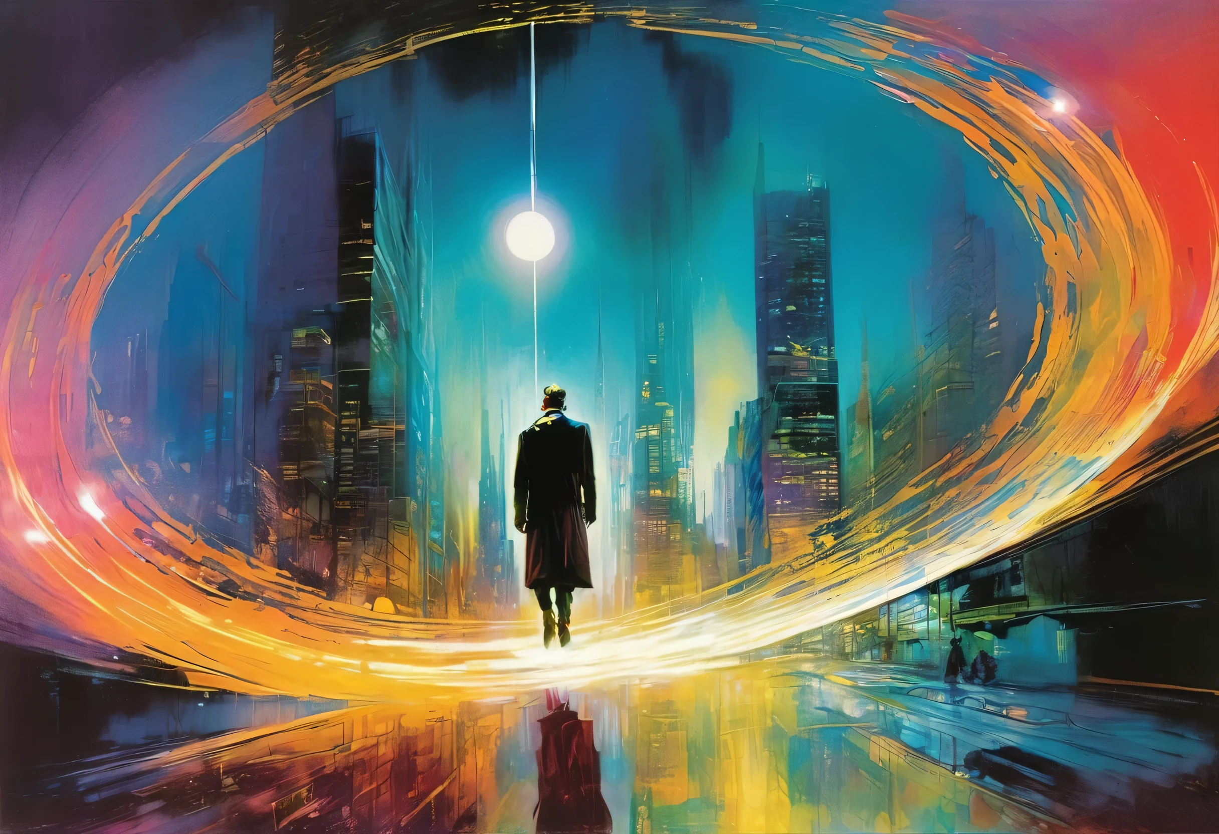 In the distance we see a man levitating face up wrapped in a circle of energy., Obra de Bill Sienkiewicz, vivid colors, Aceite, ciudad borrosa futurista, ultra detallado, retrato, intense lighting, fascinante paleta de colores, surreal atmosphere